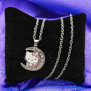 Hello Kitty Moon Rhinestone 24" Necklace Pink Bow Cat Charm Pendant Silver Chain
